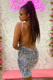 Silver Sequin V-Neck Backless Mini Homecoming Dress HZ1023