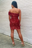 Wine Red Sequin One-Shoulder Short Homecoming Dress HZ1023