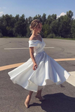 A Line Ankle Length Homecoming Dress, Ivory Off Shoulder Satin Short Wedding Dresses HZ1023