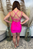 Hot Pink V-Neck Lace-Up Bodycon Mini Party Dress HZ1023