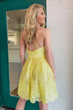 Backless Short Lace Appliques Prom Dresses,A Line Yellow Graduation Homecoming Dresses,Cocktail Dress HZ1023