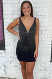 Dark Blue Beaded Plunge Neck Bodycon Mini Party Dress HZ1023