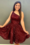 Navy Blue Sequins One-Shoulder A-Line Short Homecoming Dress HZ1023