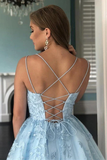 A Line Light Blue Tulle Homecoming Dress With Lace Appliques, Short Prom Dress HZ1023