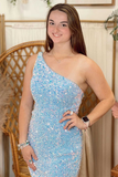 One-Shoulder Blue Iridescent Sequin Backless Mini Homecoming Dress HZ1023