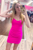 Hot Pink V-Neck Lace-Up Bodycon Mini Party Dress HZ1023