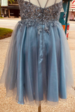 Stunning Blue Sequins Plunge Neck A-Line Short Homecoming Dress HZ1023