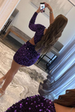 Purple Sequin One-Sleeve Cutout Short Homecoming Dress HZ1023