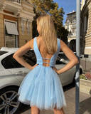Beautiful A Line Deep V Neck Blue Short Homecoming Dress with Beading HZ1023