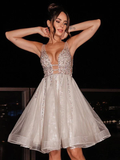 A-Line/Princess V-neck Tulle Sleeveless Beading Short/Mini Homecoming Dresses HZ1023