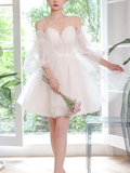 White sweetheart neck tulle short prom dress, cute white homecoming dress HZ1023