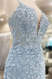 Light Blue Appliques Plunge V Backless Short Homecoming Dress HZ1023