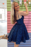 Navy Blue Sequins One-Shoulder A-Line Short Homecoming Dress HZ1023