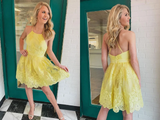 Backless Short Lace Appliques Prom Dresses,A Line Yellow Graduation Homecoming Dresses,Cocktail Dress HZ1023
