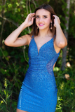 Blue Beaded V-Neck Backless Mini Homecoming Dress HZ1023