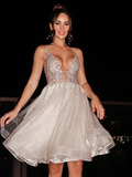 A-Line/Princess V-neck Tulle Sleeveless Beading Short/Mini Homecoming Dresses HZ1023