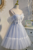 Dreamy Sky Blue Spaghetti Straps Bow-Back Short Party Dress HZ1023