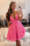 Hot Pink Sequin V-Neck A-Line Short Party Dress HZ1023