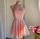 Rose Gold/Light Pink Sparkly Princess Dress Sequin Short Prom Dress Birthday Party Dress Homecoming Dress HZ1023