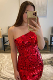 Red Glass Mirror One Shoulder Sequin Tight Homecoming Dress HZ1023
