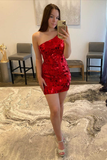 Red Glass Mirror One Shoulder Sequin Tight Homecoming Dress HZ1023