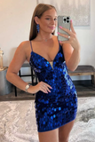 Blue Cut Glass Mirror V-Neck Straps Bodycon Mini Party Dress HZ1023