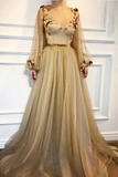 Chic A-line Scoop Floor Length Long Sleeves Applique Long Tulle Prom Dresses Evening Dresses HZ1023
