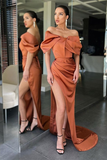 Burnt Orange Off-the-Shoulder Mermaid evening Dress Slit Long HZ1023