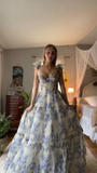 Blue white beautiful charming floral print sweetheart neckline A-line long chiffon ball gown evening dress wedding holiday party dress HZ1023