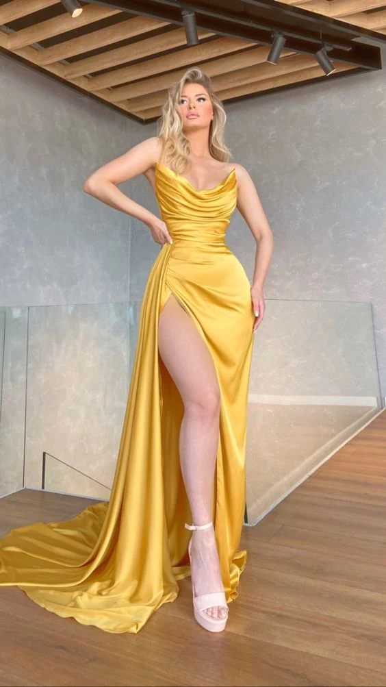 Yellow Sexy V-Neck Long Formal Prom Dress , Mermaid Evening Dress, Str – qxyuf