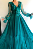 CHIC LONG SLEEVESS V-NECK PROM PARTY GOWNS| AFFORDABLE BEADING GREEN LONG PROM PARTY GOWNS HZ1023
