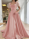 A-Line Elegant Vintage Engagement Prom Dress Scoop Neck Short Sleeve Sweep / Brush Train Satin with Pleats Split HZ1023