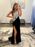 One Shoulder Black Mermaid Rhinestone Prom Dresses HZ1023