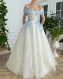 Elegant A Line Off The Shoulder Long Prom Dresses With Blue 3D Flower, Floor Length Evening Dresses HZ1023