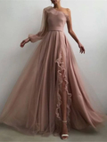 Charming One-Shoulder A-Line Sexy Slit Sleeves Prom Dresses HZ1023