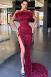 Burgundy off the shoulder mermaid long evening gown ball gown with slits sequins beads feathers HZ1023