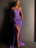 Purple shiny sequins spaghetti straps long slim high slit sexy mermaid ball gown evening dress party dress HZ1023