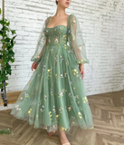 Long Sleeve Lace Green Puff Sleeve Dress Prom Green Tulle Prom /Sweetheart Neckline Dress/Long Sleeves Embroidered Prom Dress/Flower Dress HZ1023