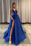 Shiny V Neck Blue Lace Long Prom Dress with High Slit, Sparkly Formal Dress HZ1023