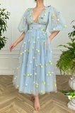 Blue floral tulle dress, Tulle dress prom, V-Neck puff sleeves prom dress, Wedding dress, Bridesmaid dress, Mesh Princess Dress HZ1023