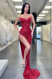 GORGEOUS BURGUNDY SPAGHETTI-STRAPS HIGH SPLIT LONG MERMAID PROM DRESS HZ1023