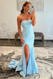 Light Blue Strapless Sequins Mermaid Evening Gown With Split Long Prom Dress HZ1023