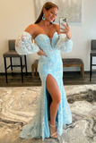 Light Blue Lace Strapless Puff Sleeve Long Prom Dress HZ1023