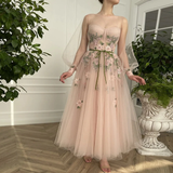 A Line Scoop Long Sleeve Prom Dresses with Floral Embroidery Long Formal Dressess HZ1023