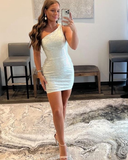 White One Shoulder Sequin Stripe Ruched Bodycon Homecoming Dress HZ1023