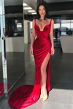 Elegant Long Velvet Red Mermaid Prom Dress With Slit HZ1023
