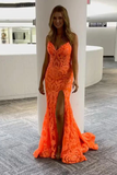 Sparkly Orange Mermaid V Neck Sequin Prom Dresses Long Straps Formal Gown HZ1023