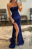 Glitter Royal Blue Sequins Prom Dress with Slit HZ1023