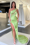 Light Green One-Shoulder Long Sleeveless Slit Evening Dress HZ1023