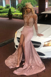 Chic light pink long sleeve lace applique new arrival high slit sequin long prom dress HZ1023